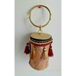Bohemian Barrel Wristlet Purse Boho Tribal Tassels Jewel Tones